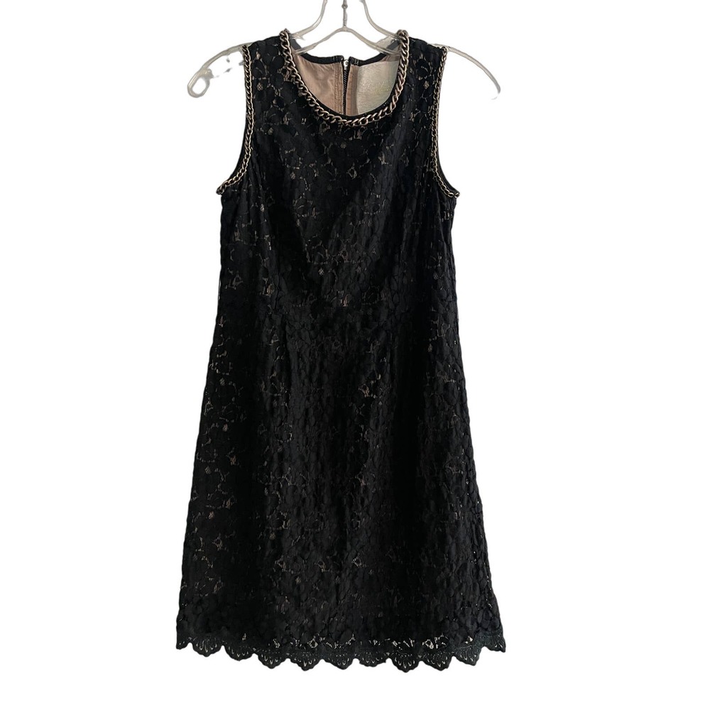 Champagne & Strawberry Black Lace Sleeveless Sheath Dress Brass Chain Accents M